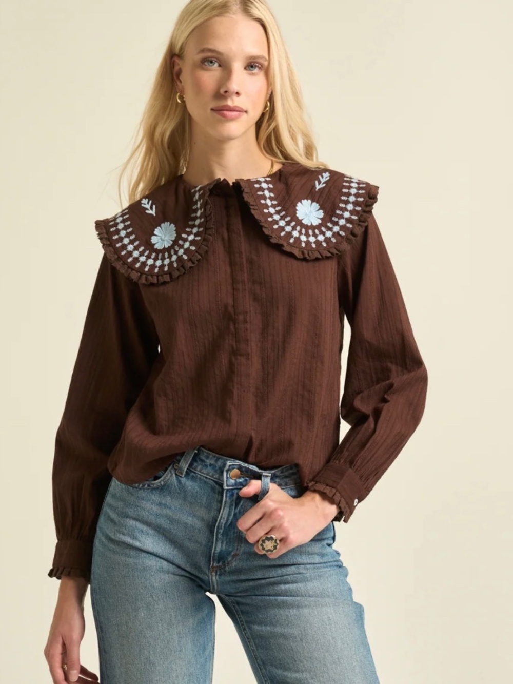 Sonmer Paloma Embroidered Collar Long-Sleeve Top in Chocolate XL